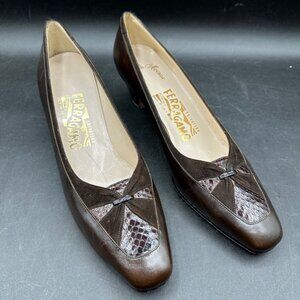 Salvatore Ferragamo‎ Vtg Sz 7.5 AAAAA  Brown Leather Snakeskin Kitten Heels Shoe